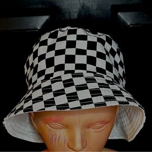 90s Unisex Black White Checkered Print Bucket Fishermen Casual Caps Outdoor